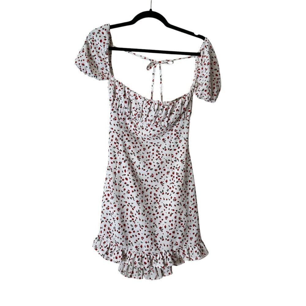 FASHION NOVA Strawberry Print Puff Sleeve Sundress Mini Dress Size Small